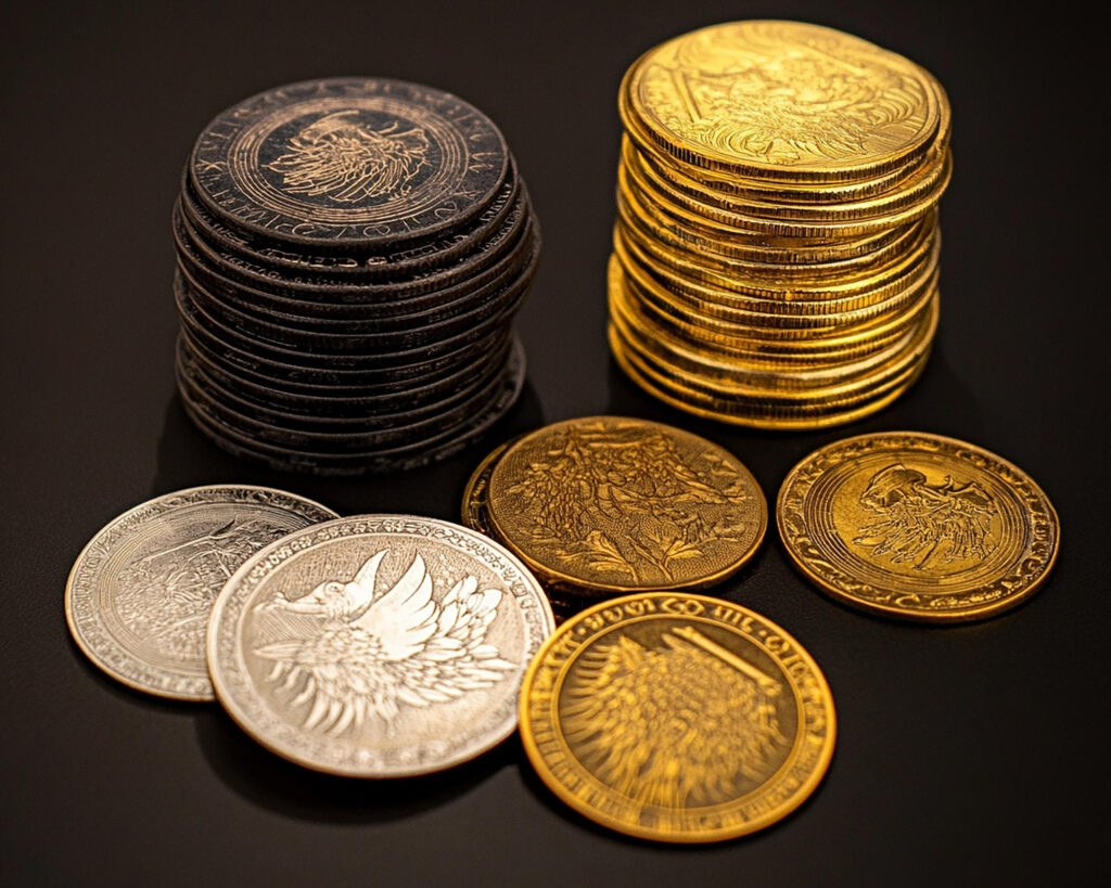 Goldene und silberne Münzen arrangiert.